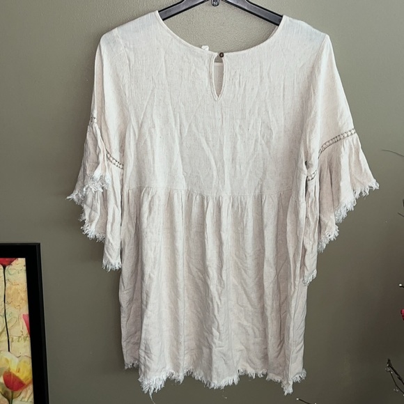 EUC LARGE PINK BLUSH BEIGE RAW EDGE BELL SLEEVE BABYDOLL LINEN MATERNITY DRESS - Picture 12 of 12